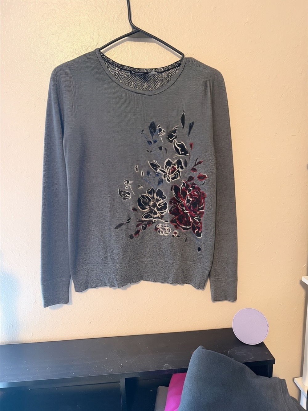 White House Black Market Gray Crewneck Sweater with Floral Appliqué